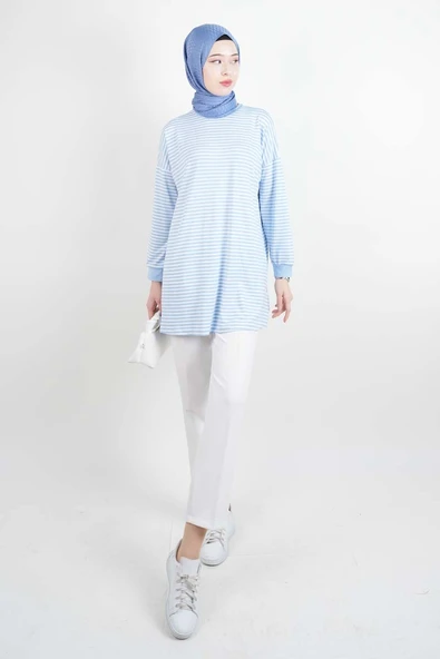 Tesettür Tunik İnce Çizgili Penye Tunik Açık Mavi - 2