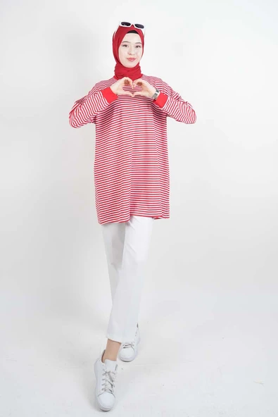 Tesettür Tunik İnce Çizgili Penye Tunik Kırmızı - 2