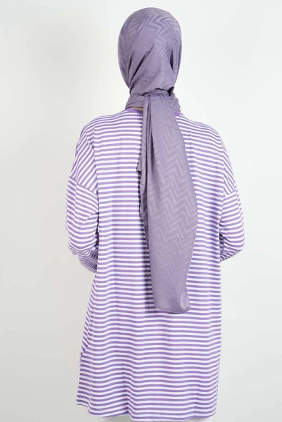 Tesettür Tunik İnce Çizgili Penye Tunik Lila - 4
