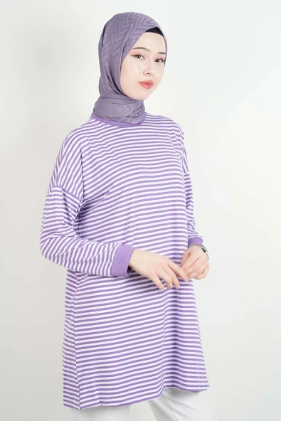 Tesettür Tunik İnce Çizgili Penye Tunik Lila - 3