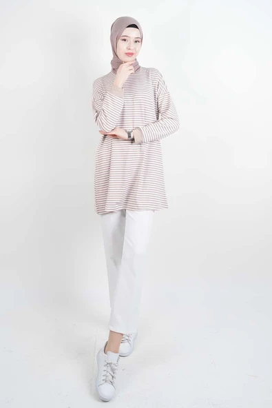 Tesettür Tunik İnce Çizgili Penye Tunik Bej - 2