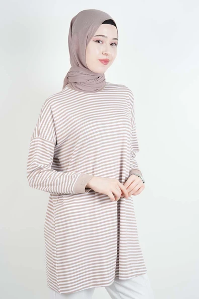 Tesettür Tunik İnce Çizgili Penye Tunik Bej - 3