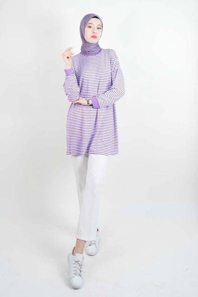 Tesettür Tunik İnce Çizgili Penye Tunik Lila - 2