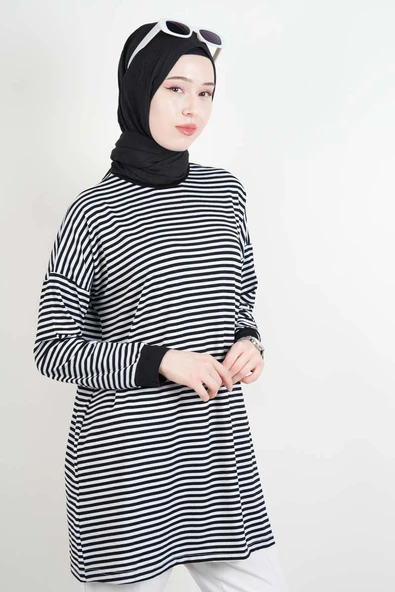 Tesettür Tunik İnce Çizgili Penye Tunik Siyah - 3