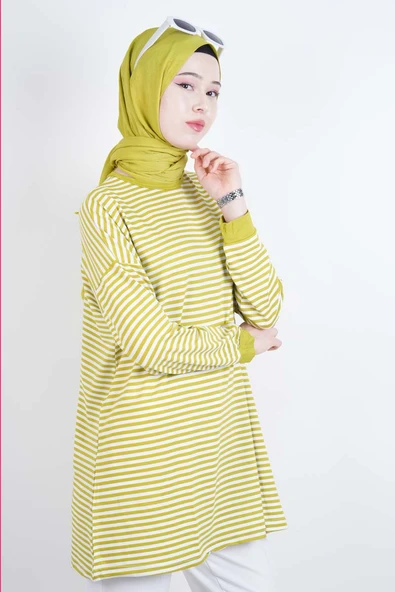 Tesettür Tunik İnce Çizgili Penye Tunik Yağ Yeşili - 3
