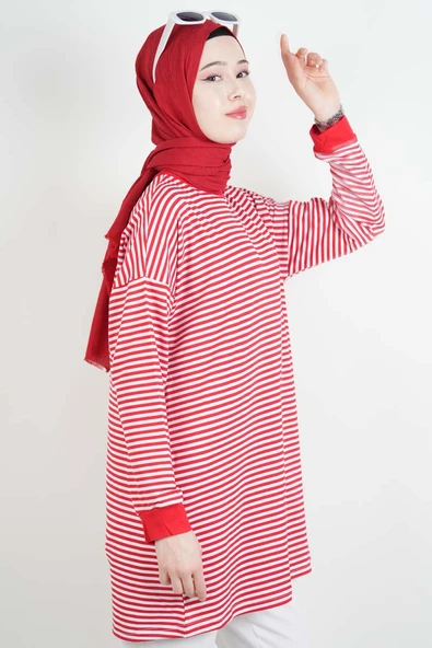 Tesettür Tunik İnce Çizgili Penye Tunik Kırmızı - 3