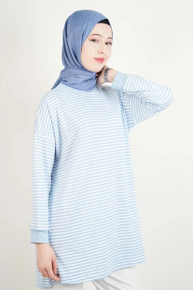 Tesettür Tunik İnce Çizgili Penye Tunik Açık Mavi - 3