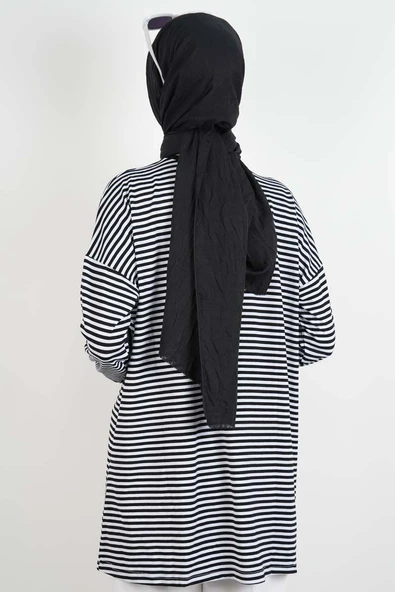 Tesettür Tunik İnce Çizgili Penye Tunik Siyah - 4