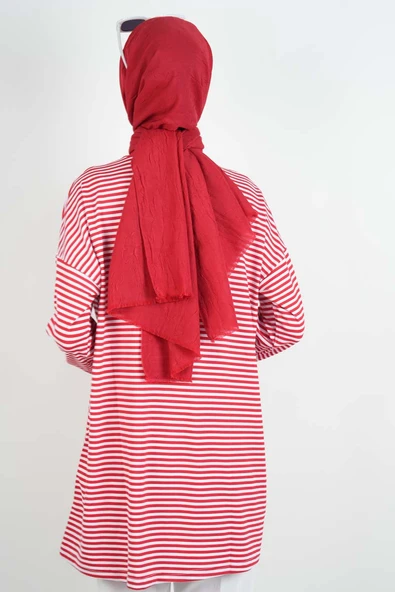 Tesettür Tunik İnce Çizgili Penye Tunik Kırmızı - 4
