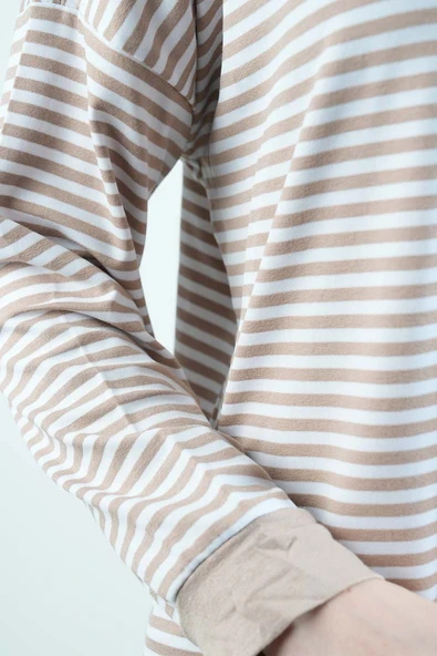 Tesettür Tunik İnce Çizgili Penye Tunik Bej - 5