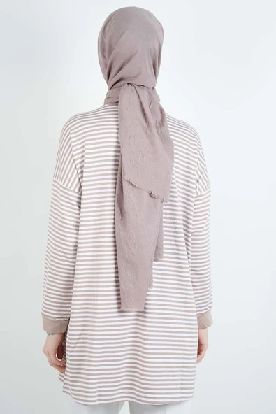 Tesettür Tunik İnce Çizgili Penye Tunik Bej - 4