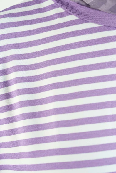 Tesettür Tunik İnce Çizgili Penye Tunik Lila - 5