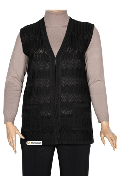 Hesna Kadın Gökçe Triko Ajurlu Boncuklu Cepli Siyah Yelek