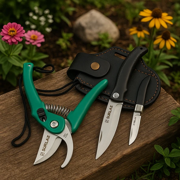 3'lü Bahçıvan Seti Budama Makası, Bahçe Çakısı ve Deri Kılıf Paslanmaz Çelik Bıçaklı Bitki ve Dal Kesme Seti - 3