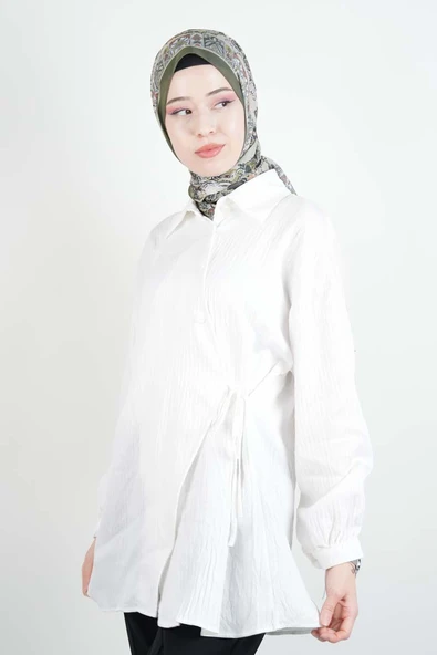 Bayan Gömlek Çapraz Düğmeli Yandan Bağlamalı Kimono Gömlek Beyaz - 3