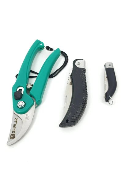 3'lü Bahçıvan Seti Budama Makası, Bahçe Çakısı ve Deri Kılıf Paslanmaz Çelik Bıçaklı Bitki ve Dal Kesme Seti - 2