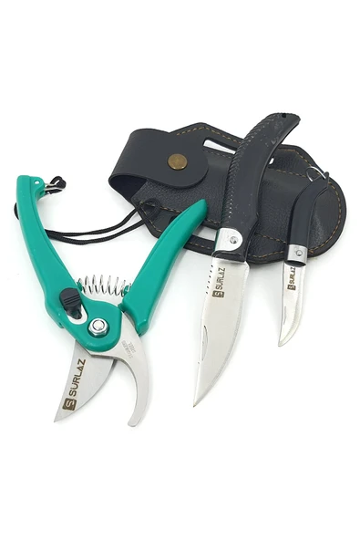 3'lü Bahçıvan Seti Budama Makası, Bahçe Çakısı ve Deri Kılıf Paslanmaz Çelik Bıçaklı Bitki ve Dal Kesme Seti