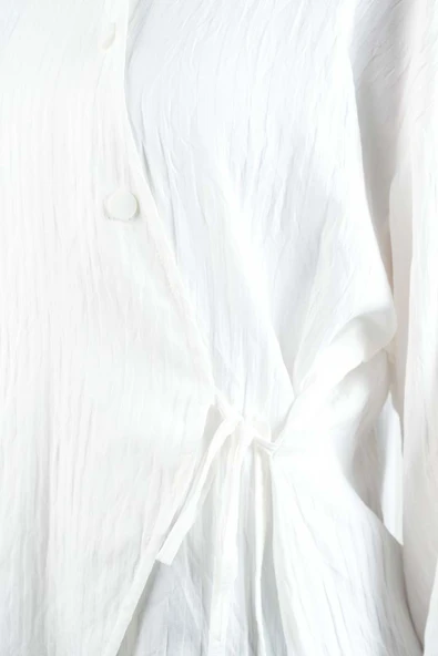 Bayan Gömlek Çapraz Düğmeli Yandan Bağlamalı Kimono Gömlek Beyaz - 5
