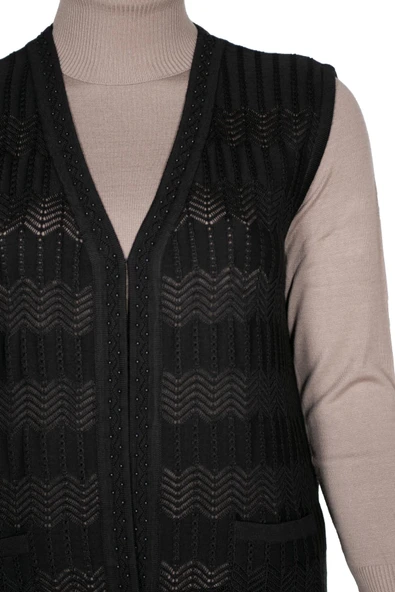 Hesna Kadın Gökçe Triko Ajurlu Boncuklu Cepli Siyah Yelek - 2