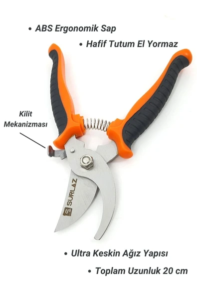 SürLaz Profesyonel Budama Makası, Ergonomik Kaymaz Saplı, Yeşil, Bahçe Bitki ve Dal Kesimi için - 3