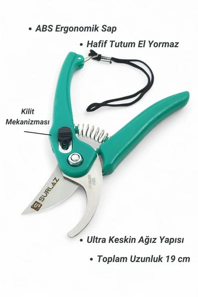 SürLaz Profesyonel Budama Makası, Ergonomik Kaymaz Saplı, Yeşil, Bahçe Bitki ve Dal Kesimi için - 2