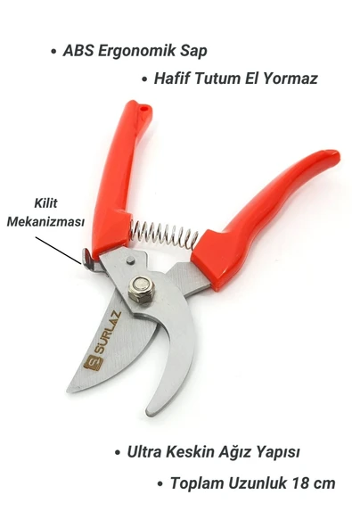 SürLaz Profesyonel Budama Makası, Ergonomik Kaymaz Saplı, Yeşil, Bahçe Bitki ve Dal Kesimi için - 4