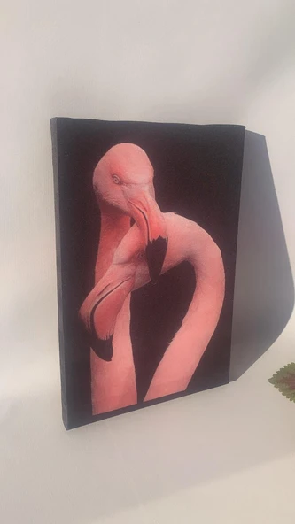 Çift Flamingo Natürel Tasarım Ahşap Çerçeve Ev İşyeri Ofis Duvar Kanvas Tablo ANML4 - 4