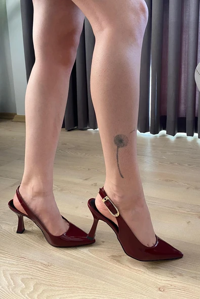 Kadın Motto Bordo Rugan Sivri Burun Arkası Acık 8 cm Topuklu Ayakkabı - 3