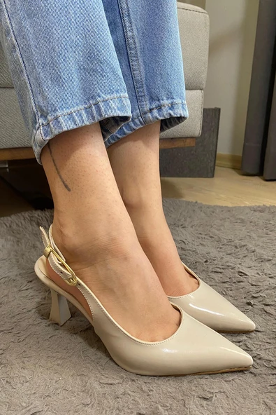 Kadın Motto Krem Rugan Sivri Burun Arkası Acık 8 cm Topuklu Ayakkabı - 4