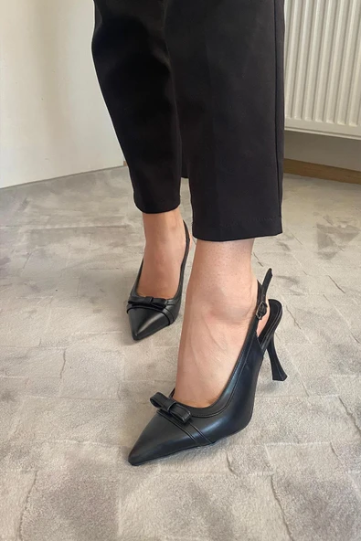Kadın Madame Siyah Cilt Fiyonk Detaylı Arkası Acık 9 cm İnce Topuklu Ayakkabı - 3