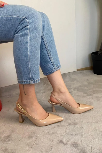 Kadın Motto Nud Rugan Sivri Burun Arkası Acık 8 cm Topuklu Ayakkabı - 4