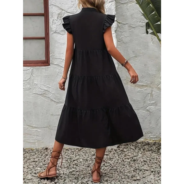 Lucky Life Kadın Kısa Kollu V Yakalı Geniş Kesim Uzun Trikoton Elbise - 5