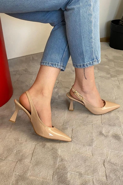 Kadın Motto Nud Rugan Sivri Burun Arkası Acık 8 cm Topuklu Ayakkabı - 2