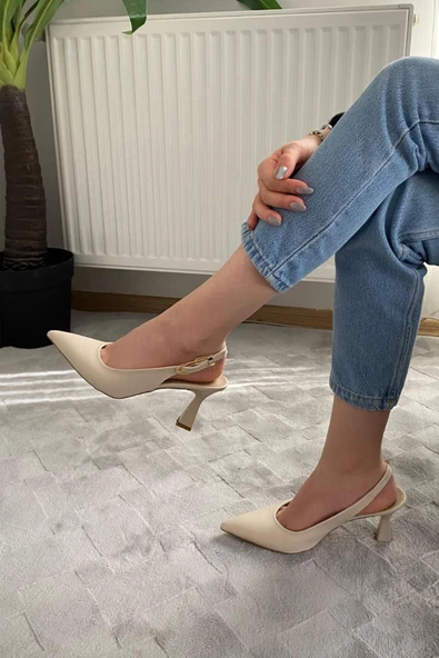 Kadın Motto Kıren Cilt Sivri Burun Arkası Acık 8 cm Topuklu Ayakkabı - 4