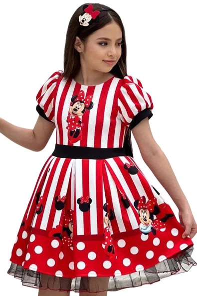 Kız Çocuk Üzeri Mc Maymun Baskılı Şerit Ve Çizgi Detaylı Kırmızı Elbise - Resim 6