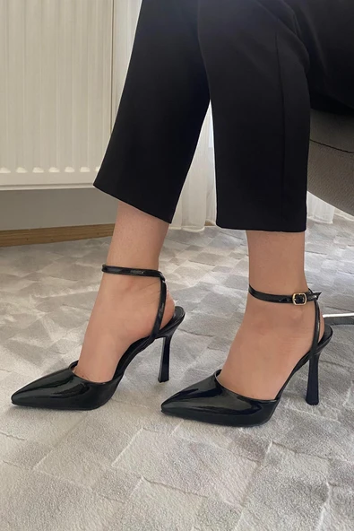 Kadın Persi Siyah Rugan Bilekten Bağlamalı 10 cm İnce Topuklu Ayakkabı - 3