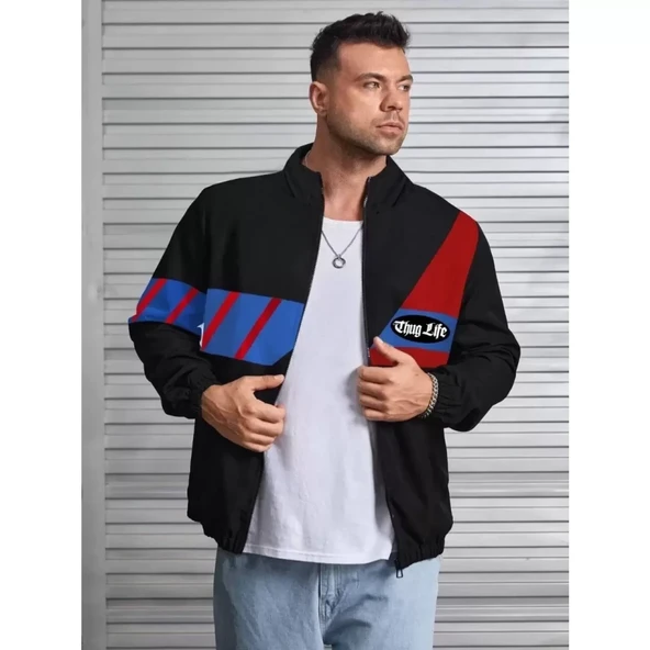 Lucky Life Unisex Uzun Koll Fermuarlı Baskılı Rüzgarlik - Siyah