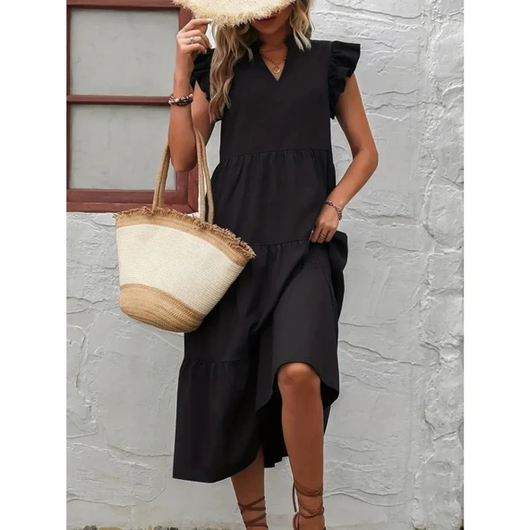 Lucky Life Kadın Kısa Kollu V Yakalı Geniş Kesim Uzun Trikoton Elbise - 4