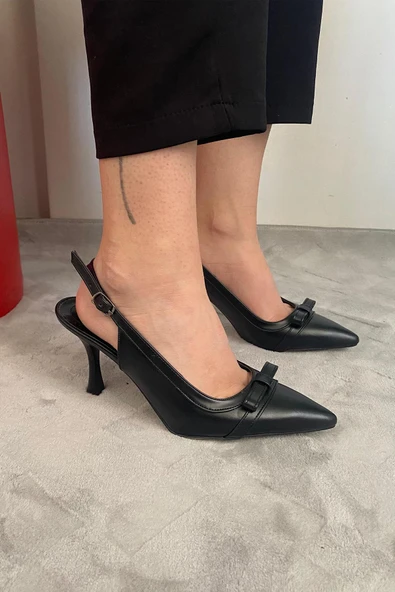 Kadın Madame Siyah Cilt Fiyonk Detaylı Arkası Acık 9 cm İnce Topuklu Ayakkabı - 2