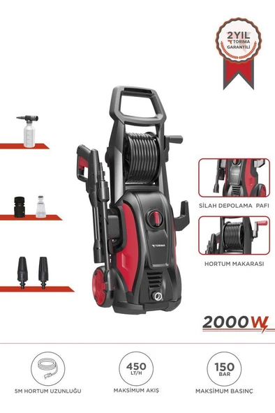 Torima HPC-01 Kırmızı Yüksek Basınçlı Oto, Halı, Bahçe Temizleme ve Yıkama Makinesi – 2000W, 150 Bar ürün görseli