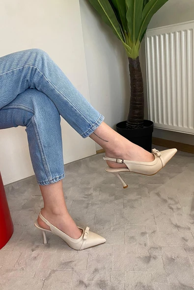 Kadın Madame Krem Cilt Fiyonk Detaylı Arkası Acık 9 cm İnce Topuklu Ayakkabı - 4