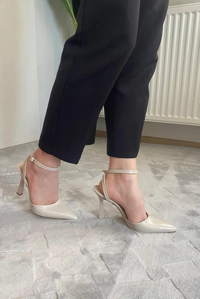 Kadın Persi Krem Rugan Bilekten Bağlamalı 10 cm İnce Topuklu Ayakkabı - 3