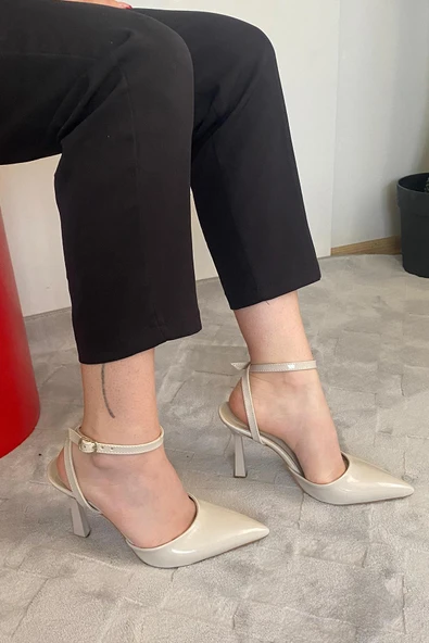 Kadın Persi Krem Rugan Bilekten Bağlamalı 10 cm İnce Topuklu Ayakkabı - 2
