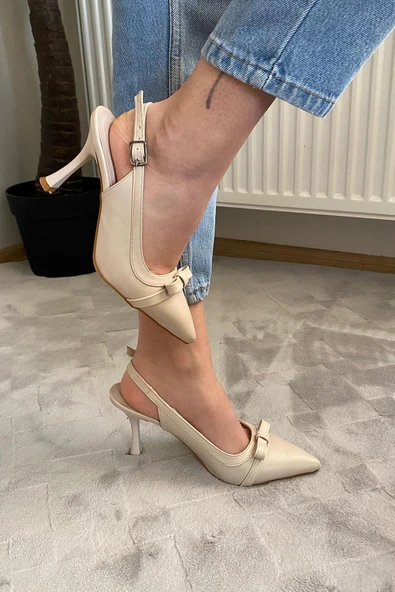 Kadın Madame Krem Cilt Fiyonk Detaylı Arkası Acık 9 cm İnce Topuklu Ayakkabı