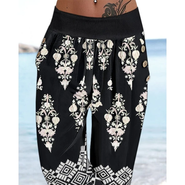 Lucky Life Kadın Beli Lastikli Etnik Desenli Kapri Süprem Pantolon - Resim 3