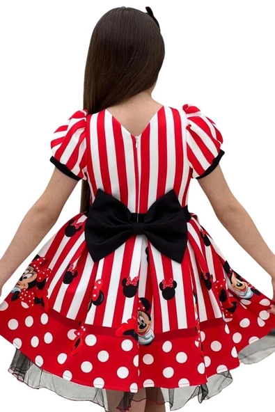 Kız Çocuk Üzeri Mc Maymun Baskılı Şerit Ve Çizgi Detaylı Kırmızı Elbise - Resim 7