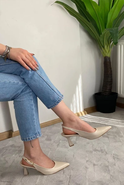 Kadın Motto Kıren Cilt Sivri Burun Arkası Acık 8 cm Topuklu Ayakkabı - 3