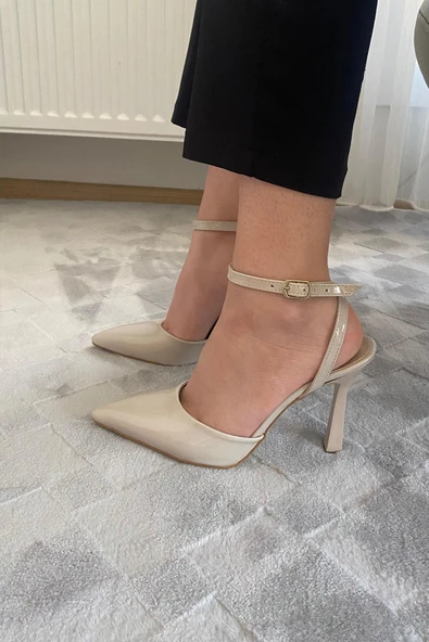 Kadın Persi Krem Rugan Bilekten Bağlamalı 10 cm İnce Topuklu Ayakkabı - 4