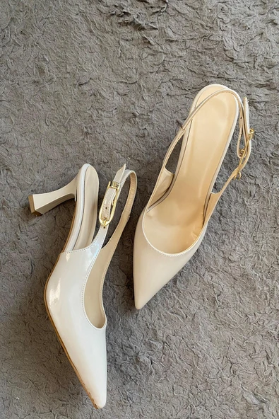 Kadın Motto Krem Rugan Sivri Burun Arkası Acık 8 cm Topuklu Ayakkabı - 5