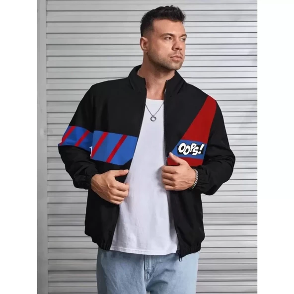 Lucky Life Unisex Uzun Koll Fermuarlı Baskılı Rüzgarlik - Siyah